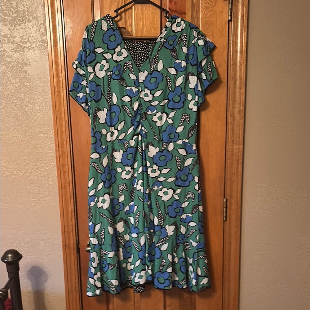 CAbi Reversible Green and Blue Flutter Sleeve Dress